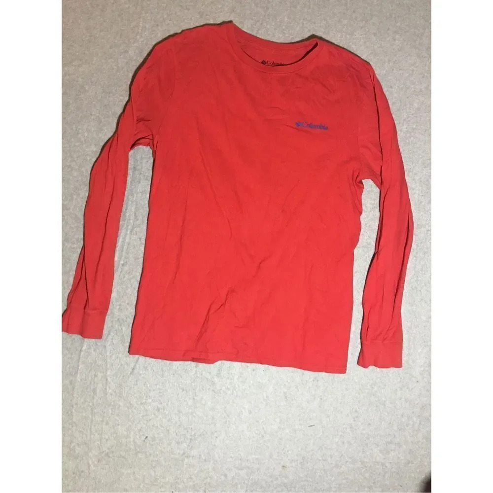 Mens Columbia Shirt Size Medium Red Nature Scene Large Logo Blue Outdoor Camp